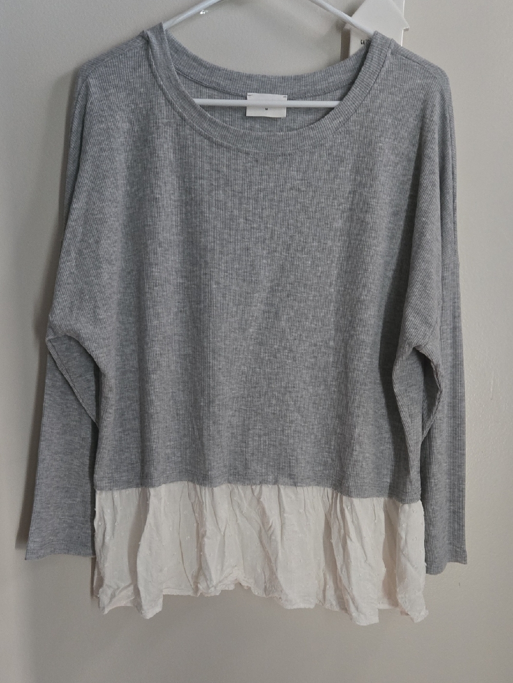 Everly Gray Knit Pullover with White Ruffle Hem
